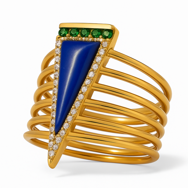 BAGUE TRIANGLE 18K AVEC RUBIS, DIAMANTS ET LABRADORITE