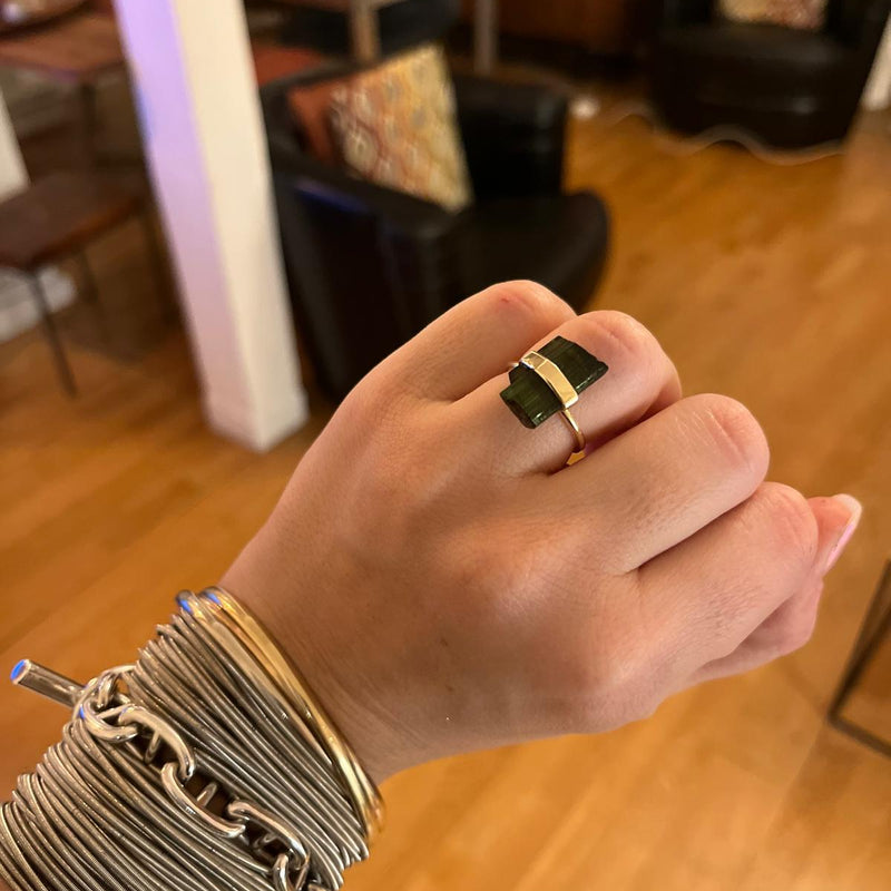 Raw Green tourmaline wrapped 14k Ring