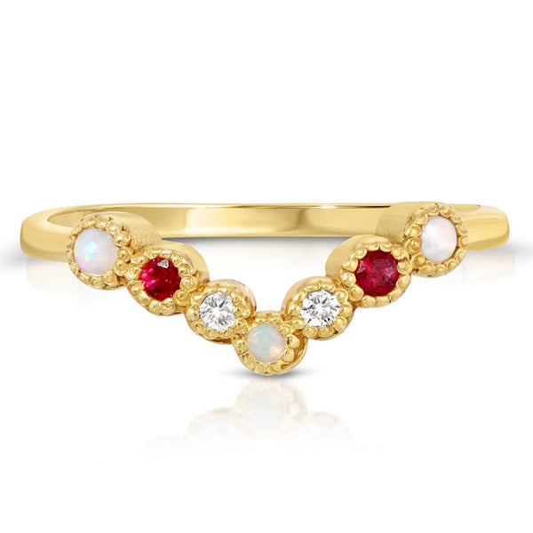 Aline 14k Opals , Rubies and Diamonds V Ring
