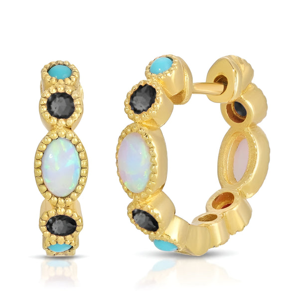 Rea 14k Gold Opals Black Tourmalines and Turquoises Hoops