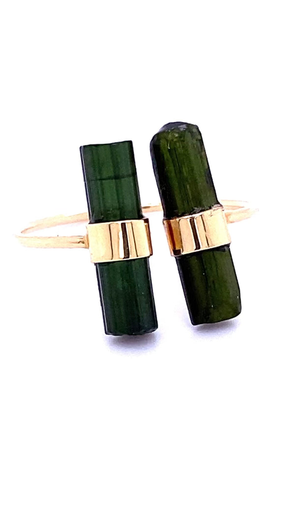 Green Tourmalines Double Wrapped Bezel 14k Ring