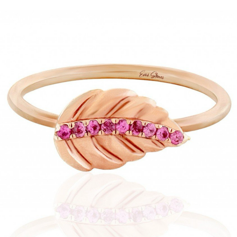 BAGUE FEUILLE ROSE 14K AVEC SAPHIRS ROSES