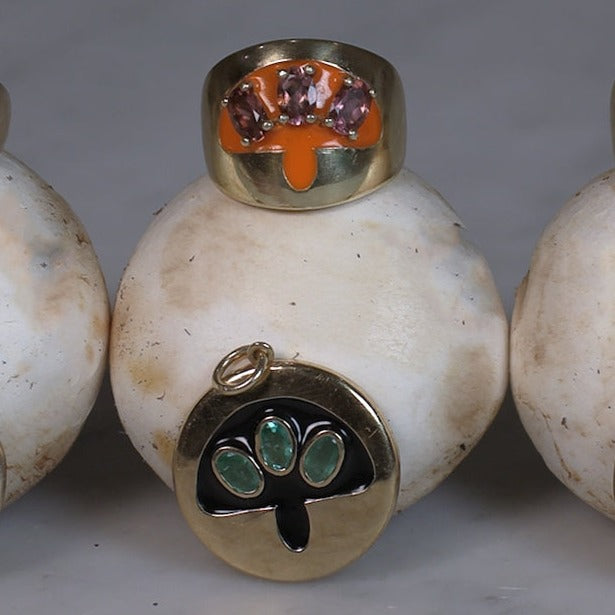 Earth Emeralds Bronze Mushroom Medallion
