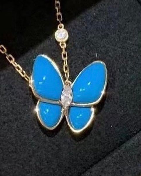 Butterfly necklace 18k solid gold with Turquoises