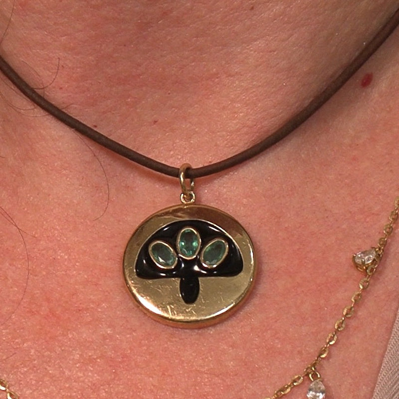 Earth Emeralds Bronze Mushroom Medallion