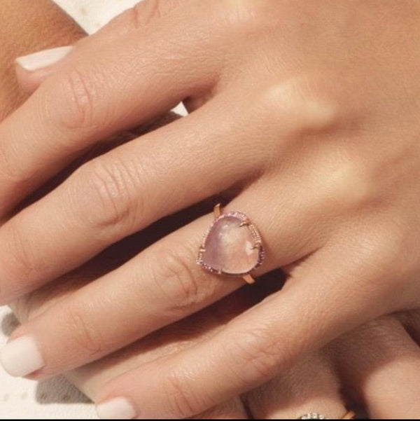 Drop Pink Sapphires and Rose Quartz 14k Prong Setting Ring