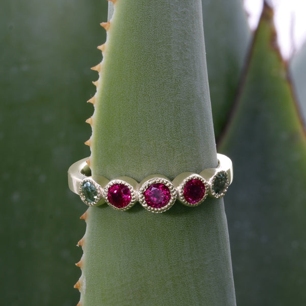 14K RUBIES & GREEN TOURMALINES RING-Eve Stones