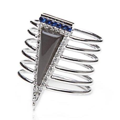 18K TRIANGLE RING WITH GREY MOONSTONE, BLUE SAPPHIRES & DIAMONDS-Eve Stones