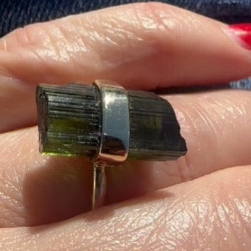 Raw Green tourmaline wrapped 14k Ring