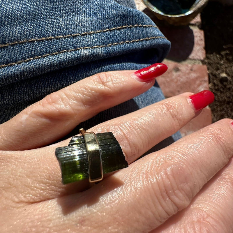 Raw Green tourmaline wrapped 14k Ring