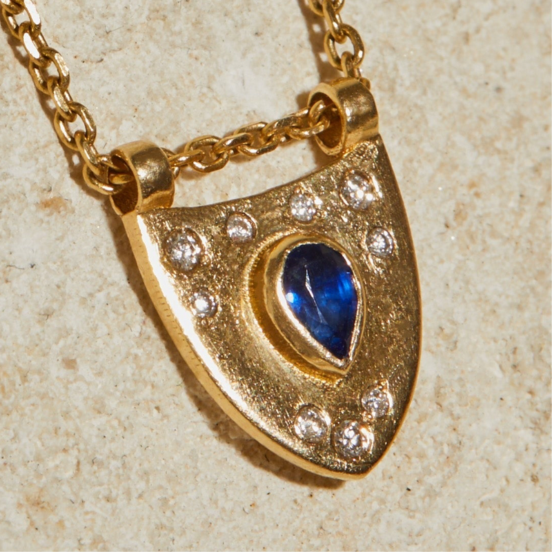 Pendentif Diamants Saphirs Bleus Or Jaune 14k