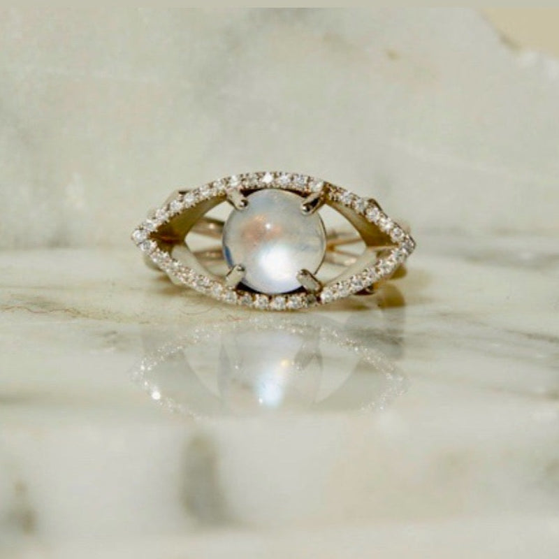 14k Moonstone & Diamonds Eye Ring Fabriqué à la main localement