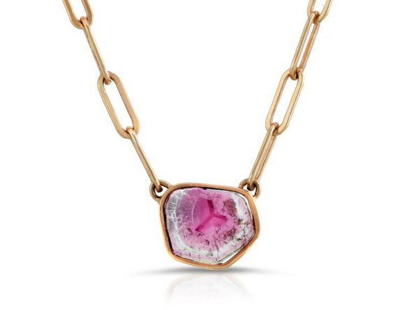 COLLIER CHAÎNE AVEC TROMBOLE EN TOURMALINE TRANCHEE 18K