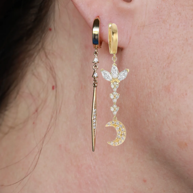 Betty 14k Single Marquis Flower & Crescent Dangling Earrings