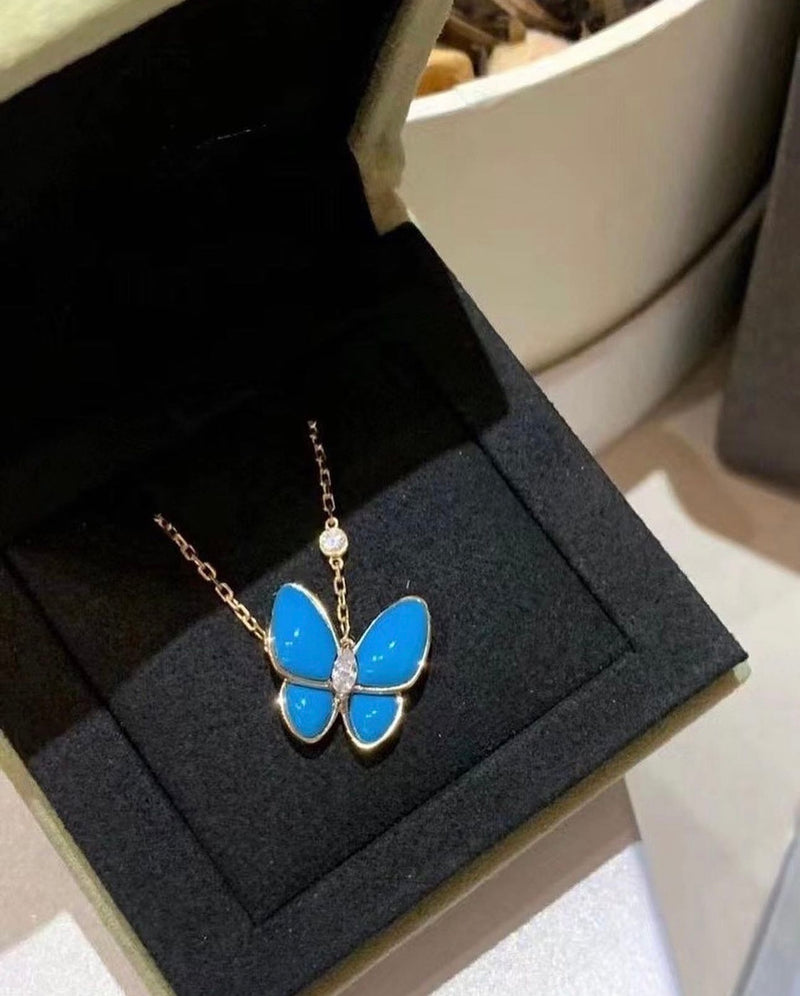 Butterfly necklace 18k solid gold with Turquoises