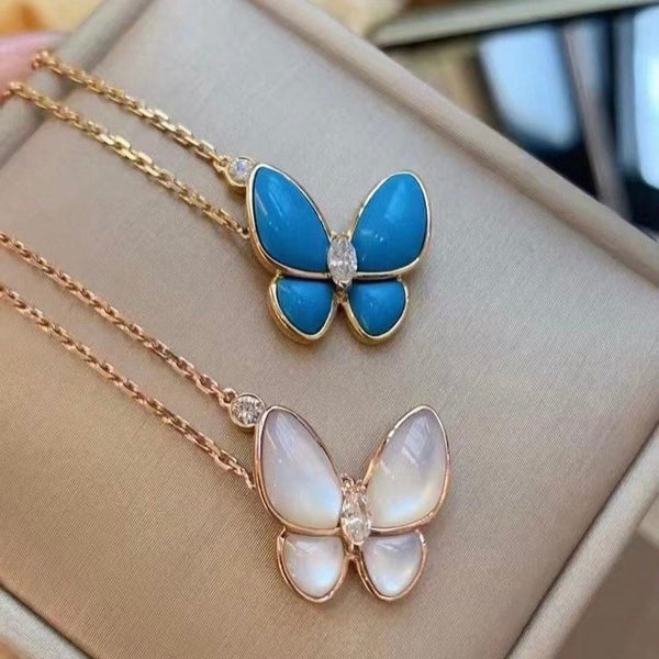 Butterfly necklace 18k solid gold with Turquoises