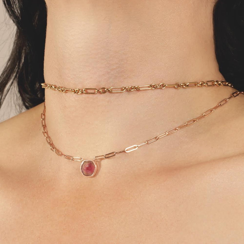 COLLIER CHAÎNE AVEC TROMBOLE EN TOURMALINE TRANCHEE 18K