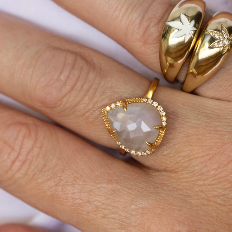 EVE STONES 14k Drop Diamonds and Moonstone Ring Handcrafted Locally