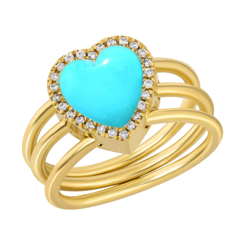 Bague Multi Rangs Diamants Coeur Turquoise 18k