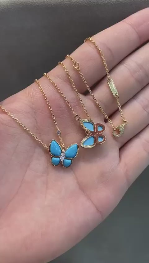 Butterfly necklace 18k solid gold with Turquoises