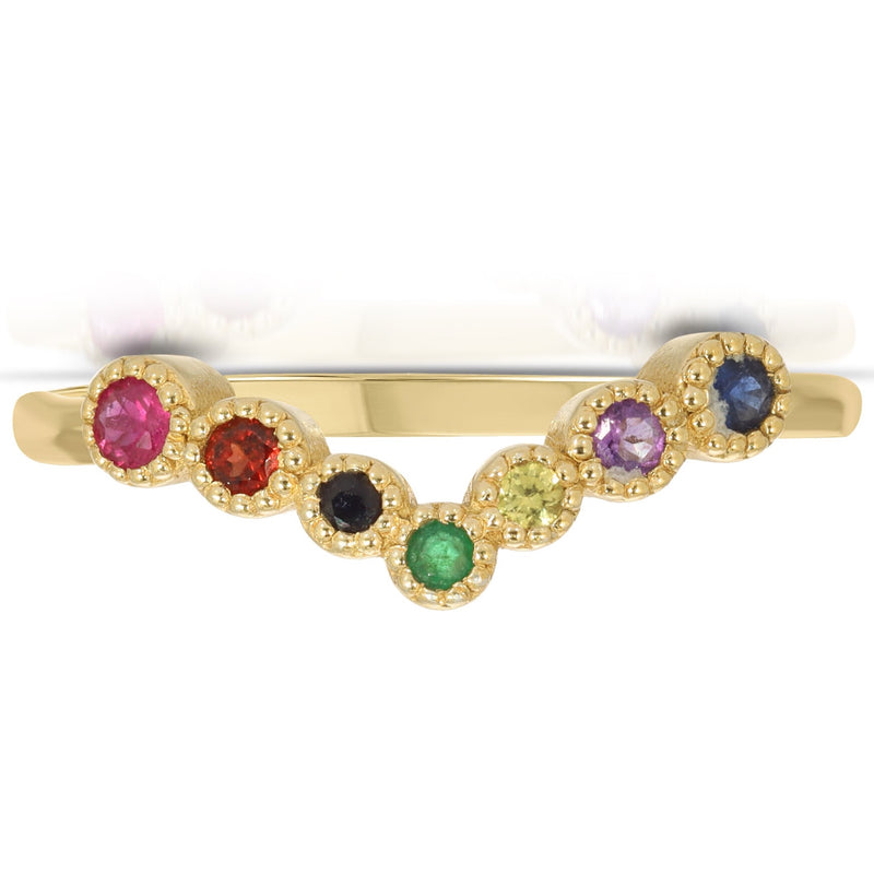 Bague en V multi-saphirs arc-en-ciel 14 carats