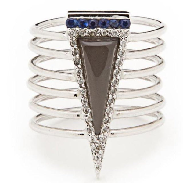 18K TRIANGLE RING WITH GREY MOONSTONE, BLUE SAPPHIRES & DIAMONDS-EJL 