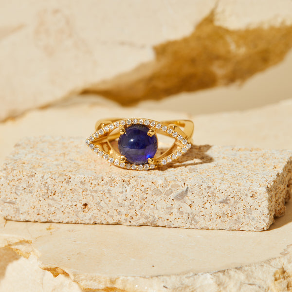 Cleo Blue Sapphire Cabochon & Diamonds 14k Eye Ring