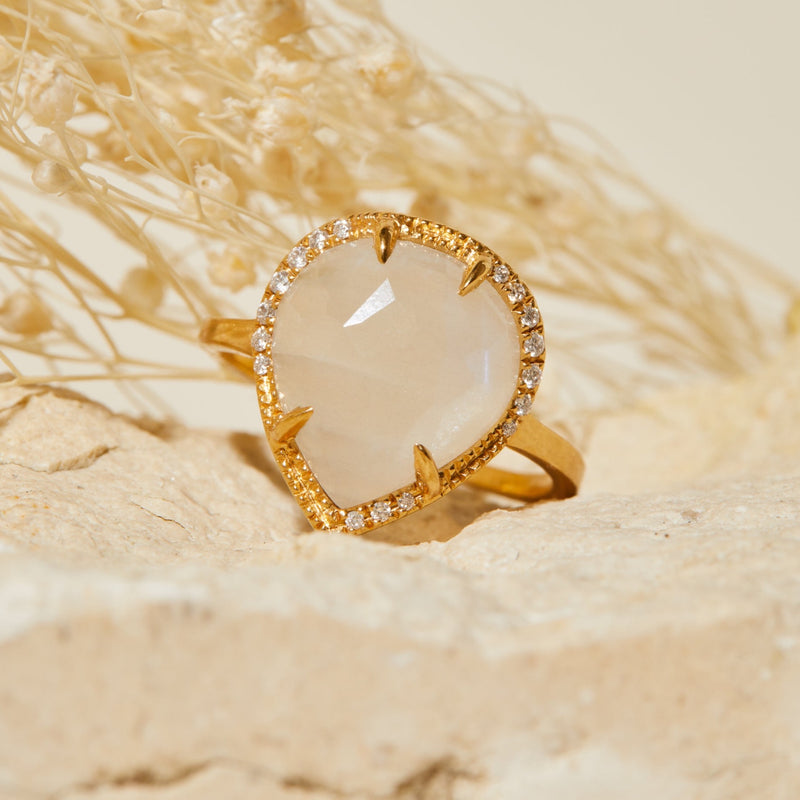 EVE STONES 14k Drop Diamonds and Moonstone Ring Handcrafted Locally