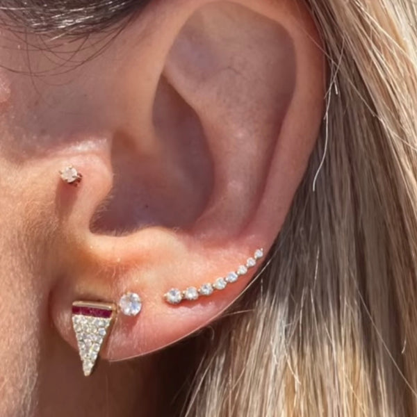 14k Triangle Diamonds pave & Rubies Stud Single Earring