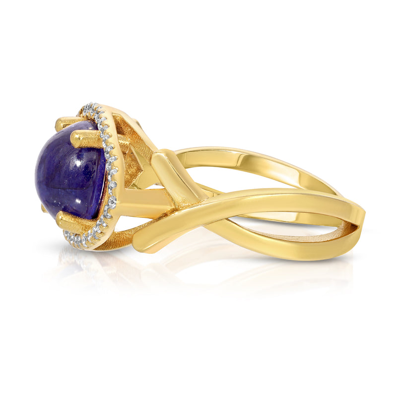 Cleo Blue Sapphire Cabochon & Diamonds 14k Eye Ring