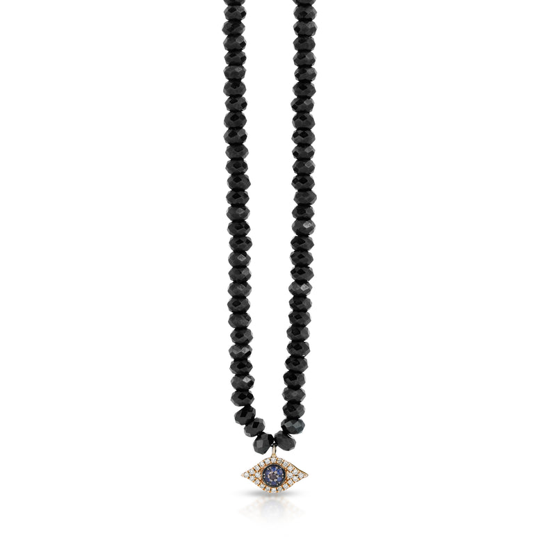 Collier Oeil Onyx Noir Diamants facettés et Saphirs Bleus