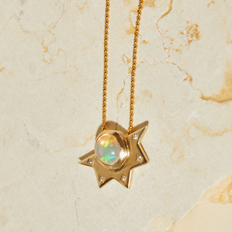 18K Gold Opal Sun Pendant Necklace