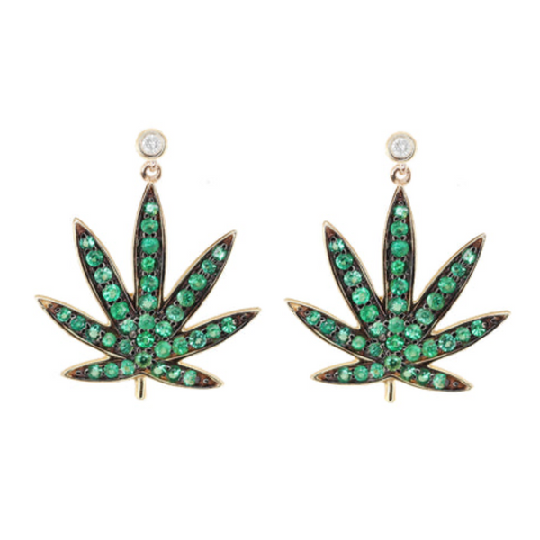 14KT GOLD DIAMOND AND EMERALD SWEET LEAF STUD DRIP EARRING