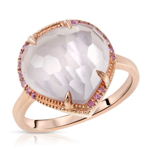 Drop Pink Sapphires and Rose Quartz 14k Prong Setting Ring