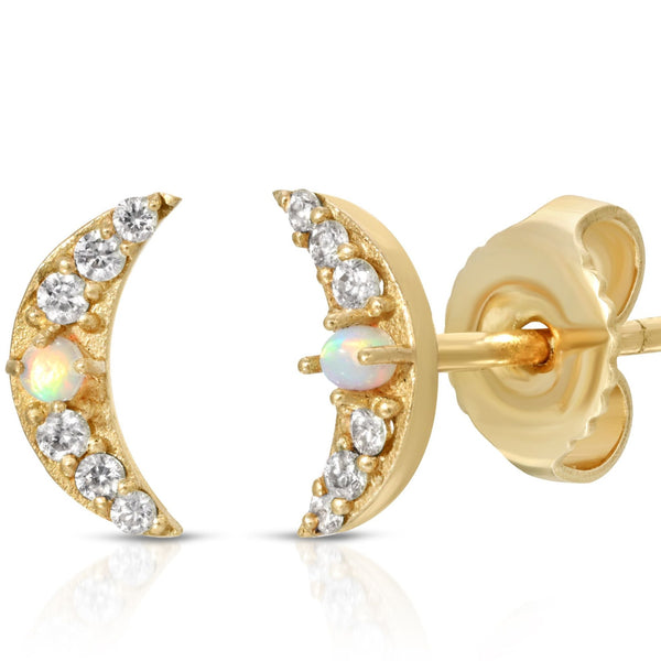 Boucles d'oreilles clous EVE STONES diamants 14 carats et lune opale
